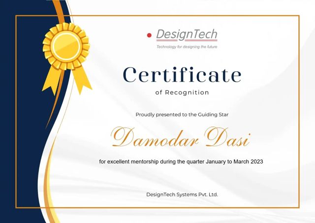 DesignTech Systems Certificate of Recognition — Guiding Star, Jan – Mar 2023, presented to Damodar Dasi