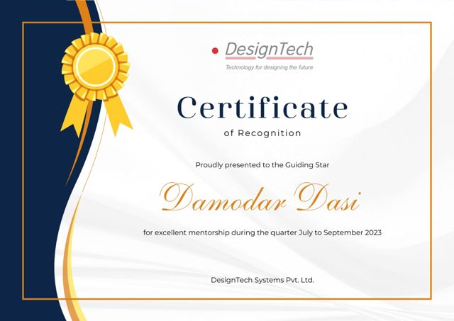 DesignTech Systems Certificate of Recognition — Guiding Star, Jul – Sep 2023, presented to Damodar Dasi