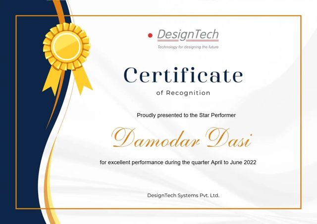 DesignTech Systems Certificate of Recognition — Star Performer, Apr – Jun 2022, presented to Damodar Dasi