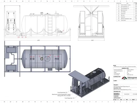 General arrangement drawing of a 10,000 litre skid-mounted diesel dispensing unit: elevation, end view, plan, isometric view, nozzle schedule and title block