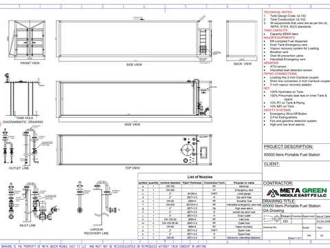 General arrangement drawing of a 65,000 litre portable fuel station in a 40 ft frame: front, side, back and top views, inlet, outlet and vapor-recovery piping details, nozzle list and technical notes