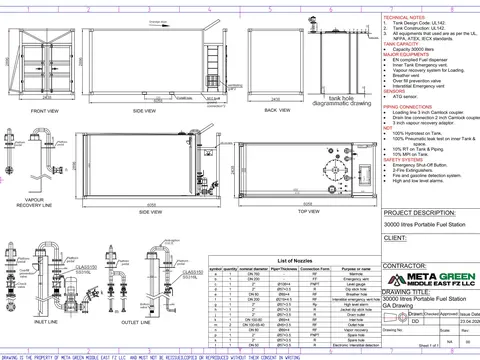General arrangement drawing of a 30,000 litre portable fuel station in a 20 ft frame: front, side, back and top views, inlet, outlet and vapor-recovery piping details, nozzle list and technical notes