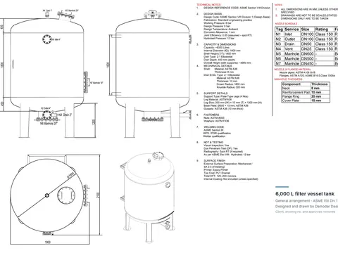 General arrangement drawing of a 6,000 litre vertical filter vessel tank: front, side and top views, isometric view, technical notes and nozzle schedule