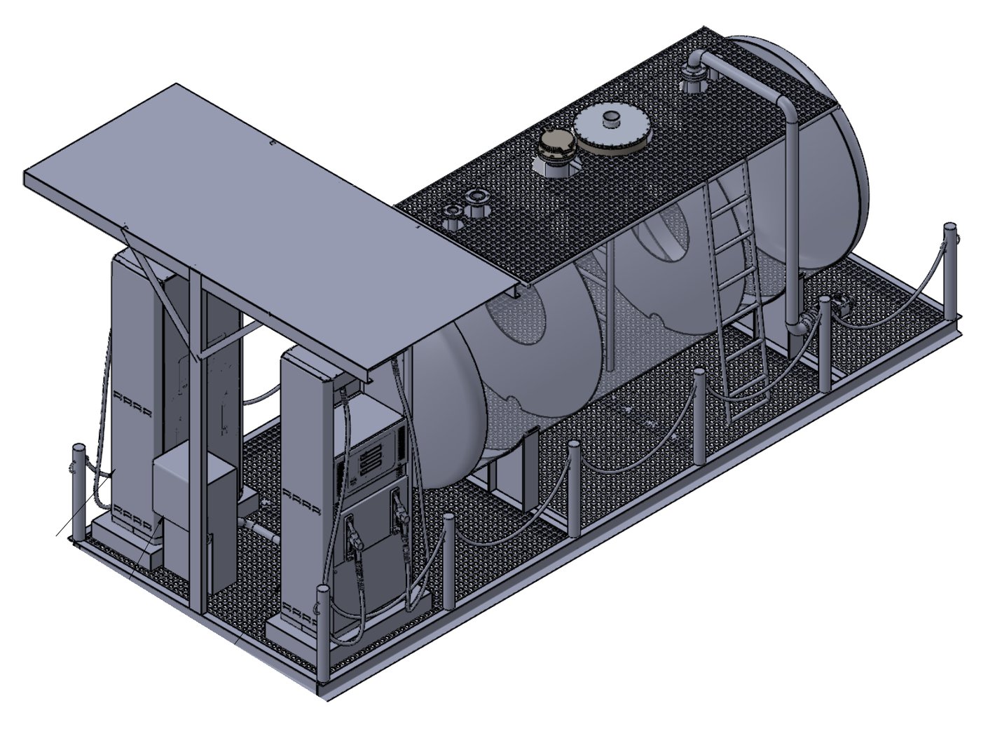 Isometric view of a 10,000 litre skid-mounted diesel dispensing unit with canopy and two dispensers