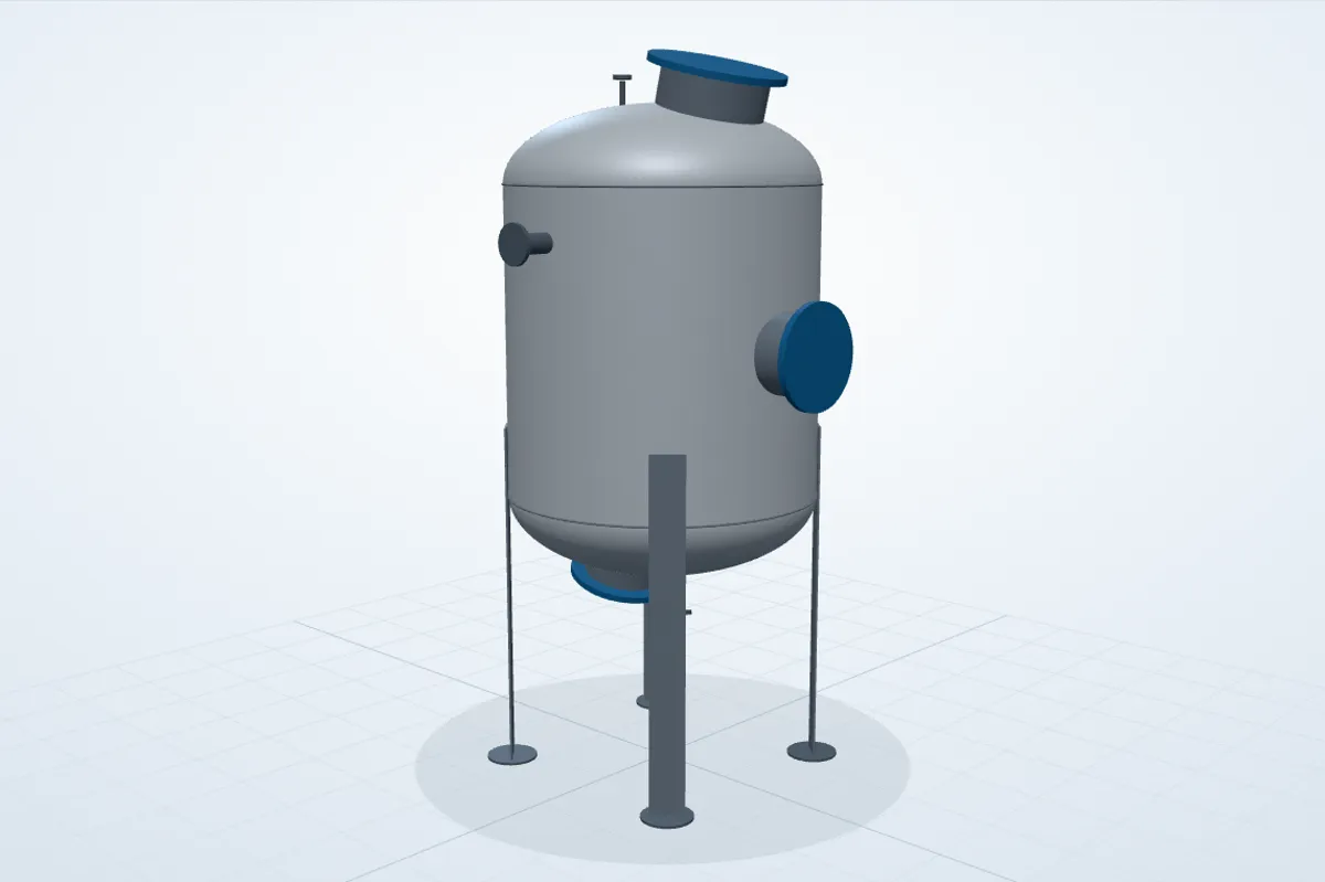 3D model of the 6,000 litre filter vessel with nozzles and plate legs